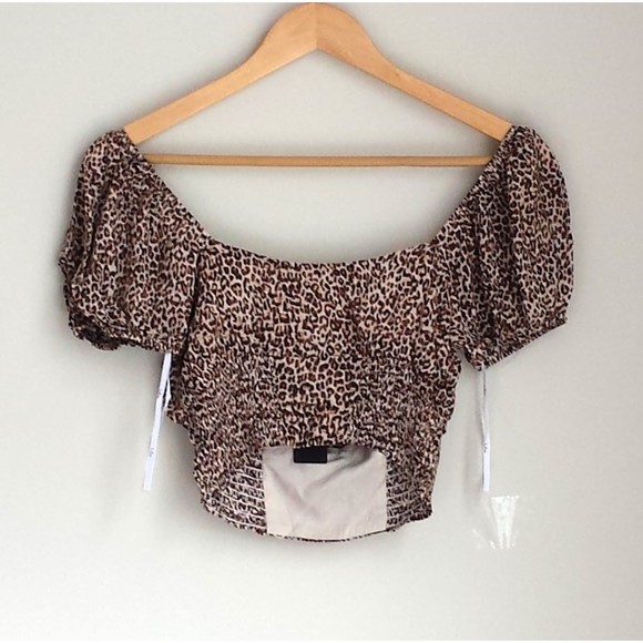 Lulus Women Fiercely in Love Beige Leopard Print Tie-Front Crop Top XS Smock NEW - Picture 5 of 10